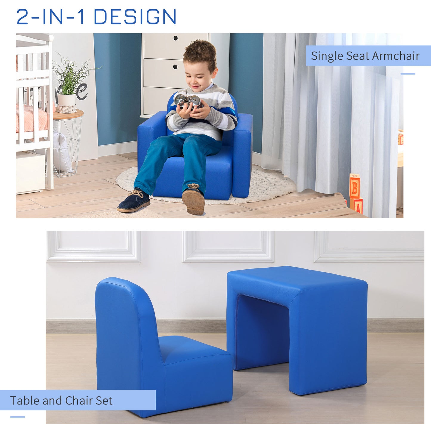 2-in-1 Multifunctional Kids Sofa Convertible Table and Chair Set for 3 years old Boys Girls, Blue