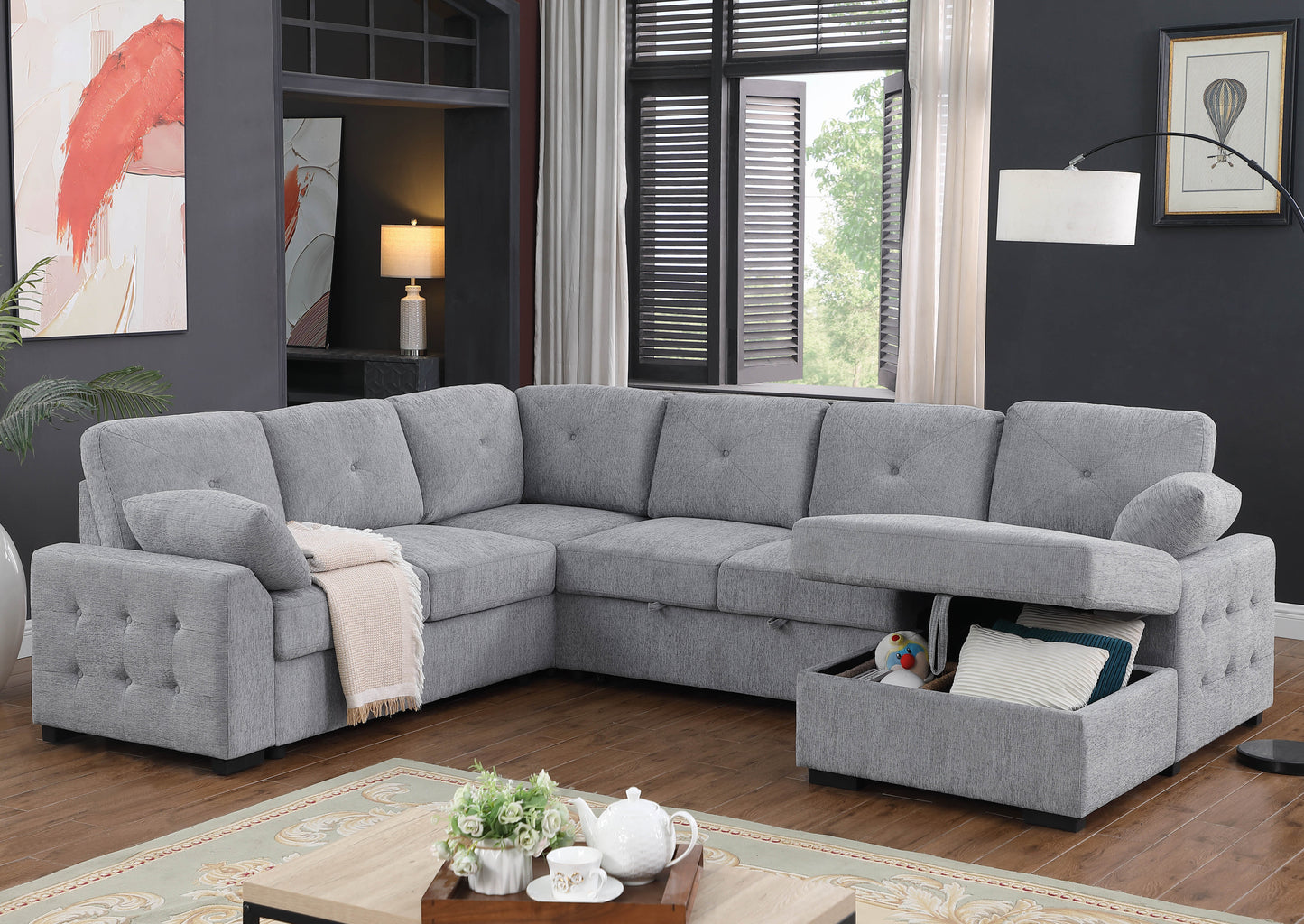 Nyhan Upholstered Corner Sectional with Pull out Loveseat and storaged Chaise