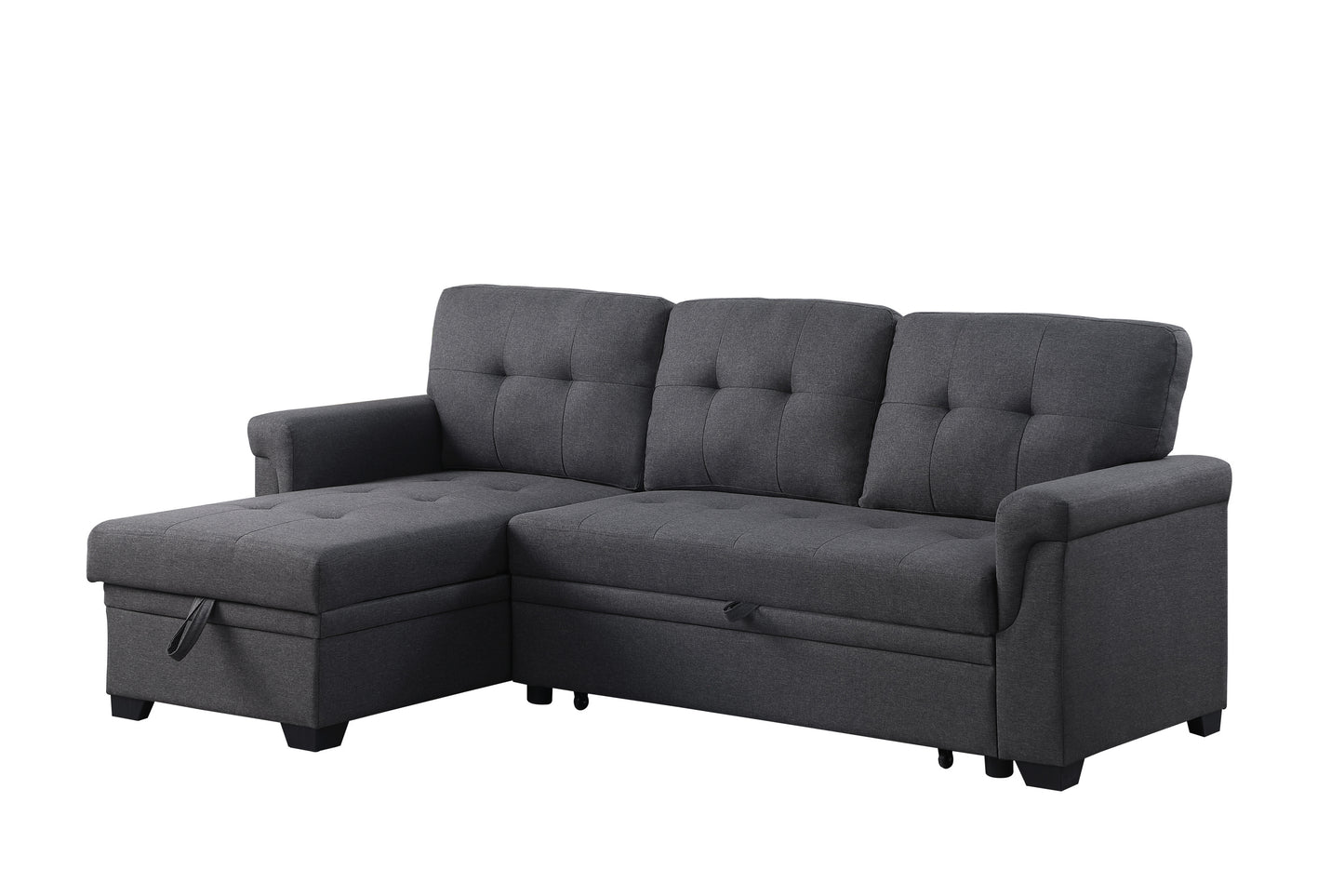 Lucca 84" Dark Gray Linen Reversible Sleeper Sectional Sofa with Storage Chaise