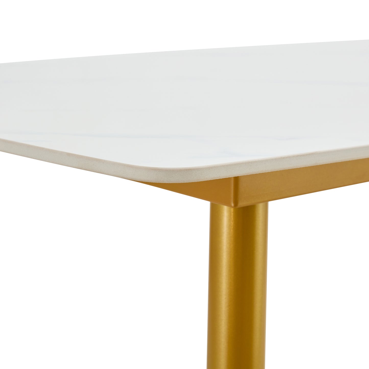 Modern minimalist dining table. White imitation marble patterned stone burning tabletop with golden metal legs. 50 "* 30" * 30 "F-001