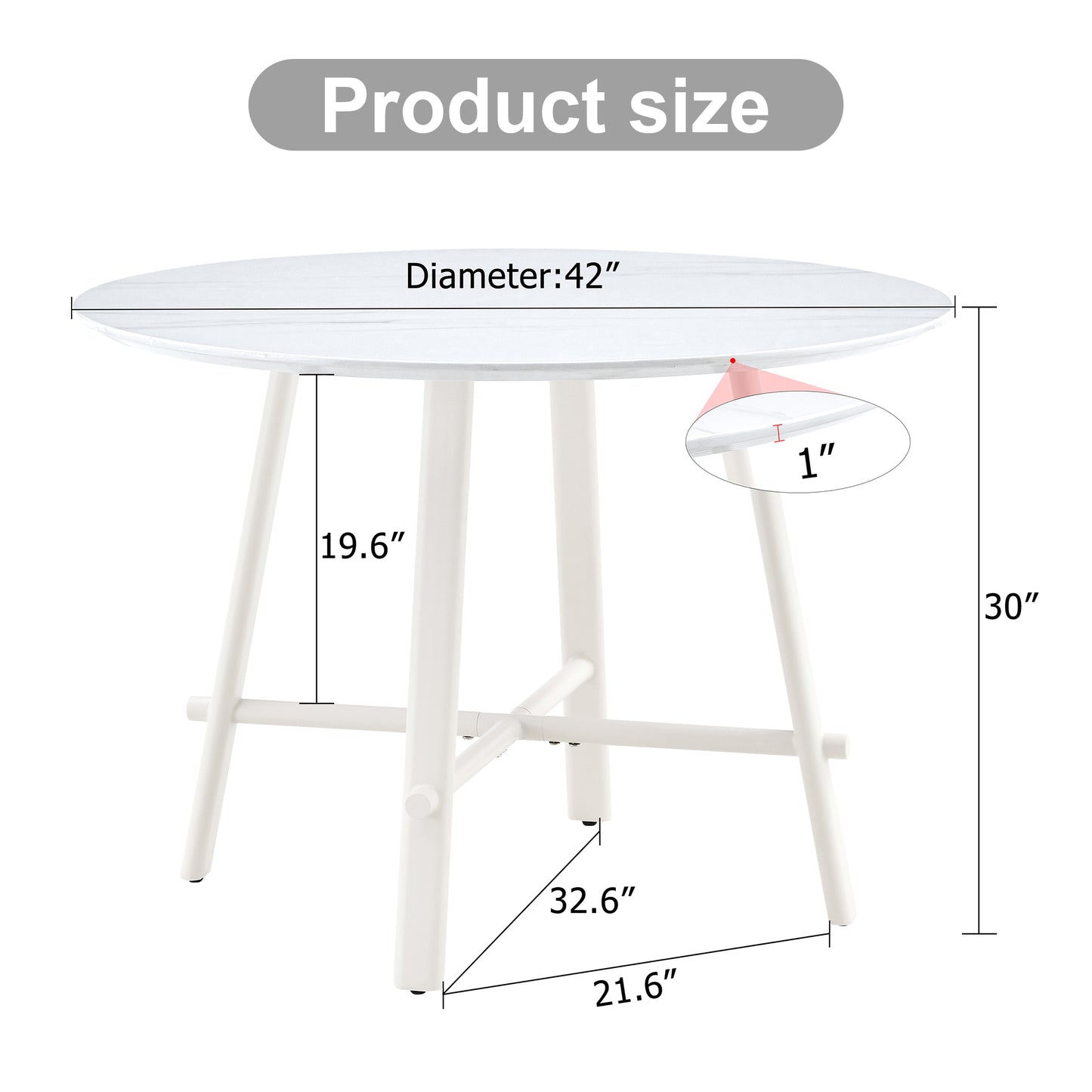 A modern minimalist circular dining table with a 42 inch diameter white patterned tabletop and white metal legs. Suitable for restaurants, living rooms, and conference rooms.