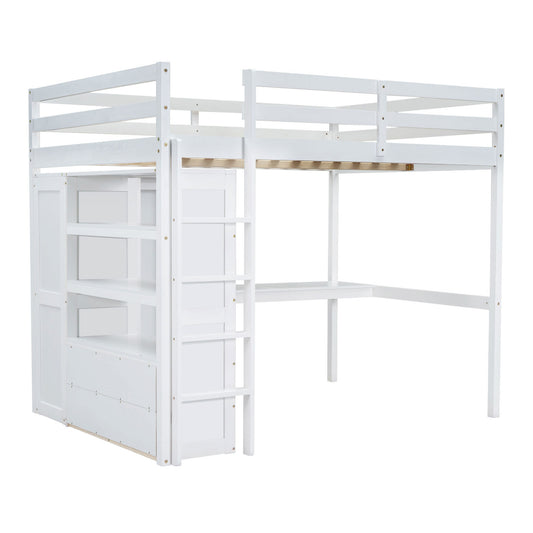White Wood Full Size Loft Bed with Built-in Wardrobe, Desk, Shelves, and Drawers - Pine Wood + MDF