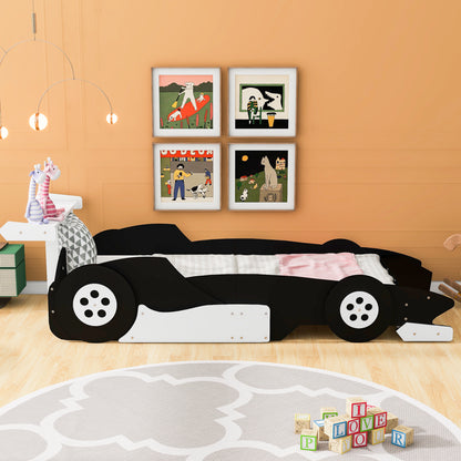 Twin Size Race Car-Shaped Platform Bed with Wheels,Black