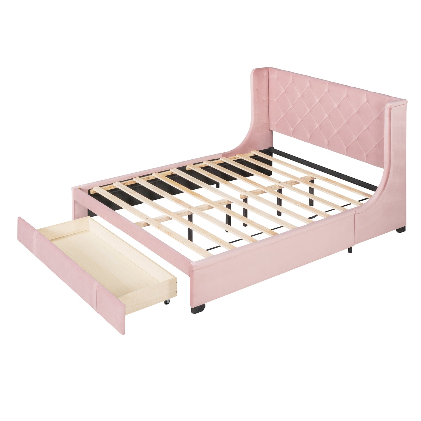 Queen Size Storage Bed Velvet Upholstered Platform Bed with Wingback Headboard and a Big Drawer (Pink)