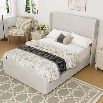 King Size Corduroy Upholstered Bed Frame with Vertical Stripe Wingback Headboard and High Footboard, Light Grey