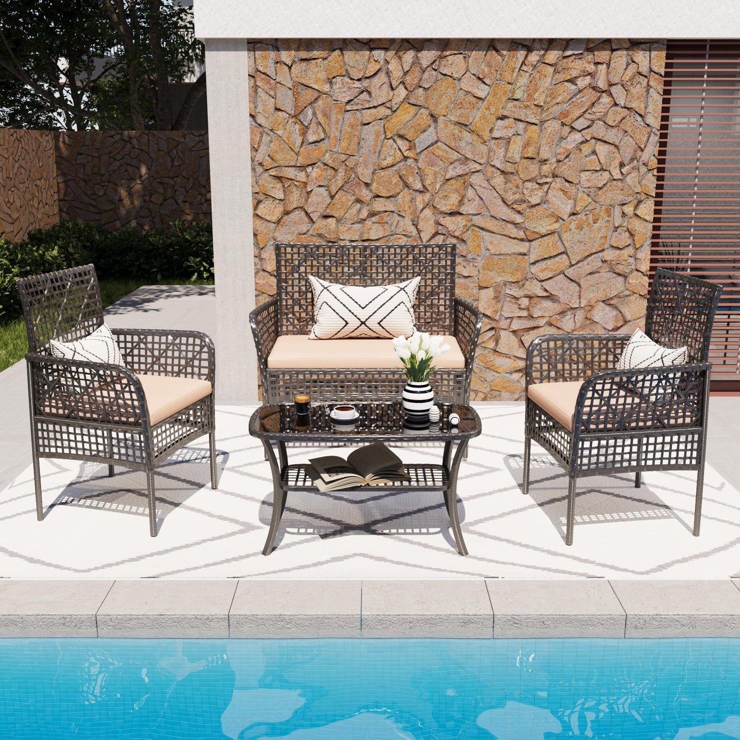 4 Pieces Outdoor Patio Furniture Set,PE Rattan Wicker Garden Conversation Chairs with Tempered Glass Table and Soft Cushions for Backyard Pool or Lawn