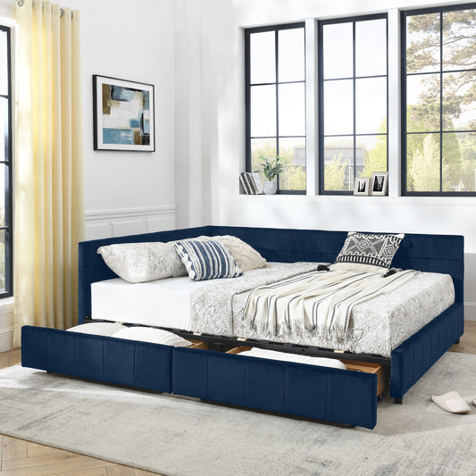 Queen Size Storage Upholstered Tufted Bed Frame, Sofa Bed Frame with Comfortable Backrest and Armrests, Queen Size Bed for Bedroom, Living Room,Velvet, DARK BLUE(85.5''*64.5''*29.5'')