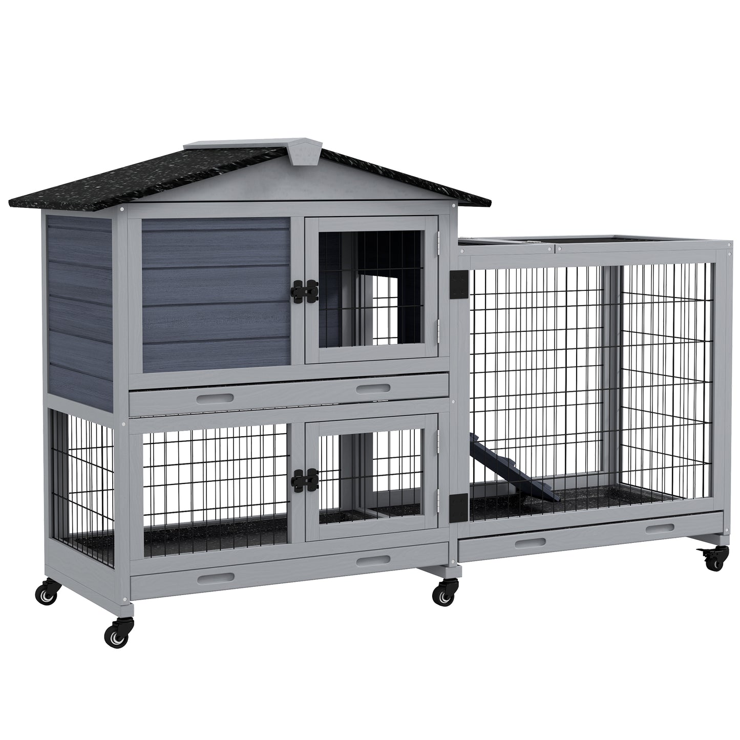 PawHut Rabbit Hutch 2-Story Bunny Cage Small Animal House with Slide Out Tray, Wheels, for Indoor Outdoor, 59.8" x 20.9" x 39.2", Gray