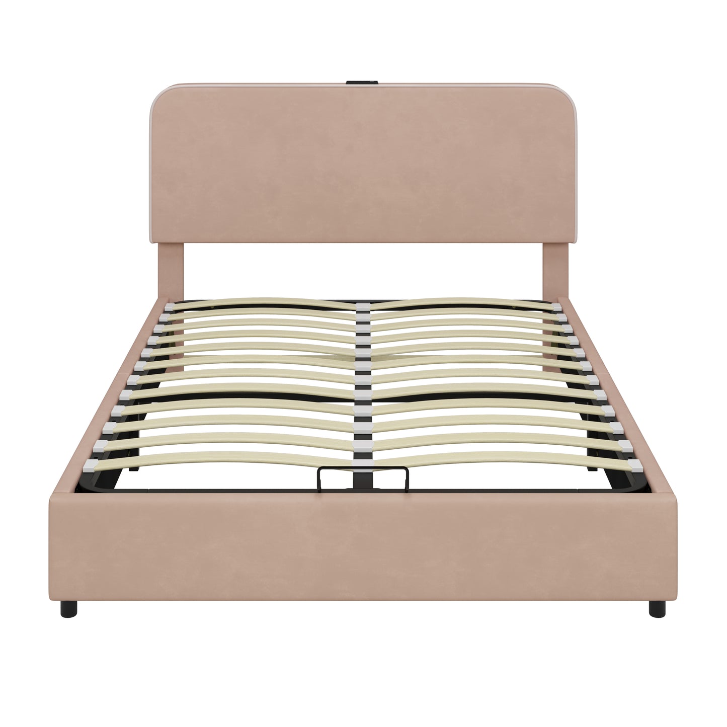 Upholstered Platform Full Size Hydraulic Storage Bed, Lift Up Storage Bed with RGB LED Light, Bluetooth Speaker, No Box Spring Needed, Lychee Velvet,Pink