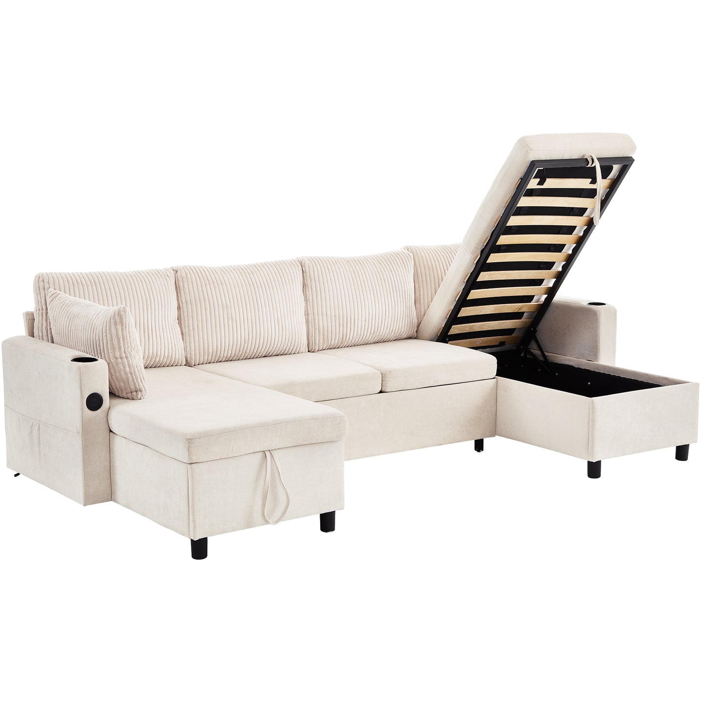 111.8" Sectional Sofa Pull-out Sofa Bed Versatile Sofa Sleeper with Large Storage Space, Two USB Ports and Two Cup Holders for Living Room, Beige