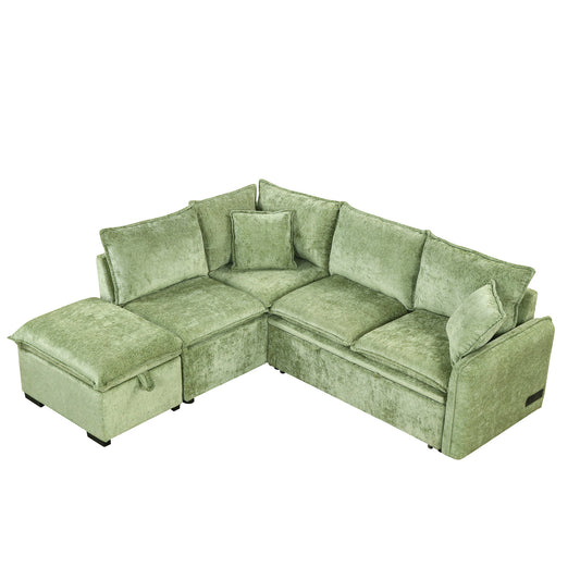 Convertible Sofa Bed Sectional Sofa Sleeper with Storage Ottoman, Green Chenille, 82.67 inches