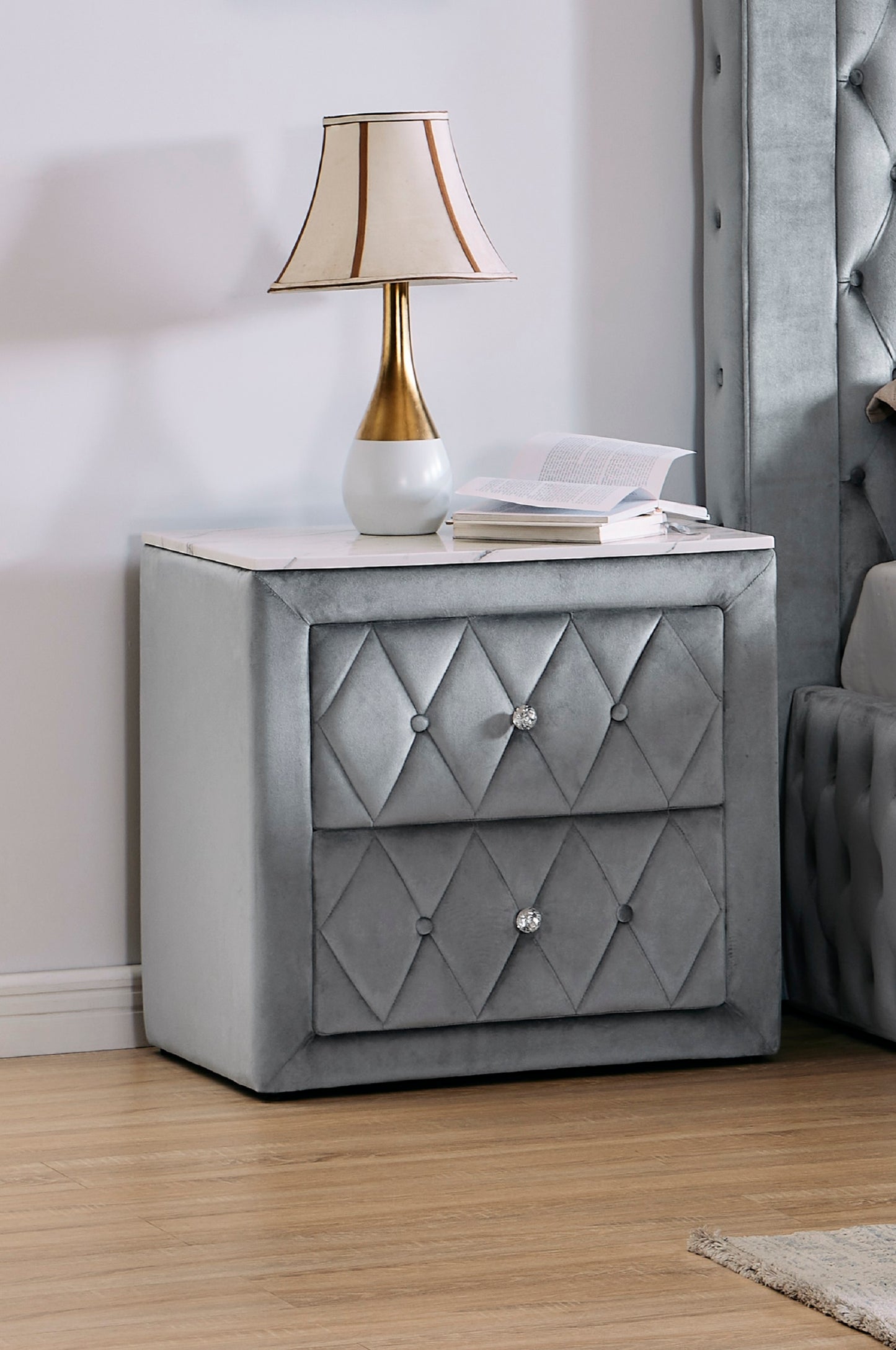 1pc Faux Marble Top Nightstand 2- Drawers Storage Gray Finish Button Tufted Faux Crystal Tufted