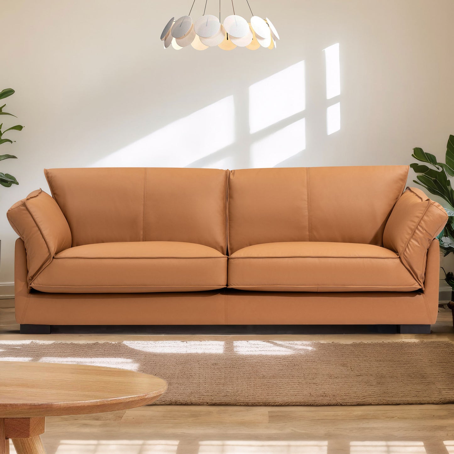 89.76 Inch Top Genuine Leather Sofa, 3 Seater Leather Couch, Mid-Century Modern Couch for Living Room Bedroom Apartment Office, Tan