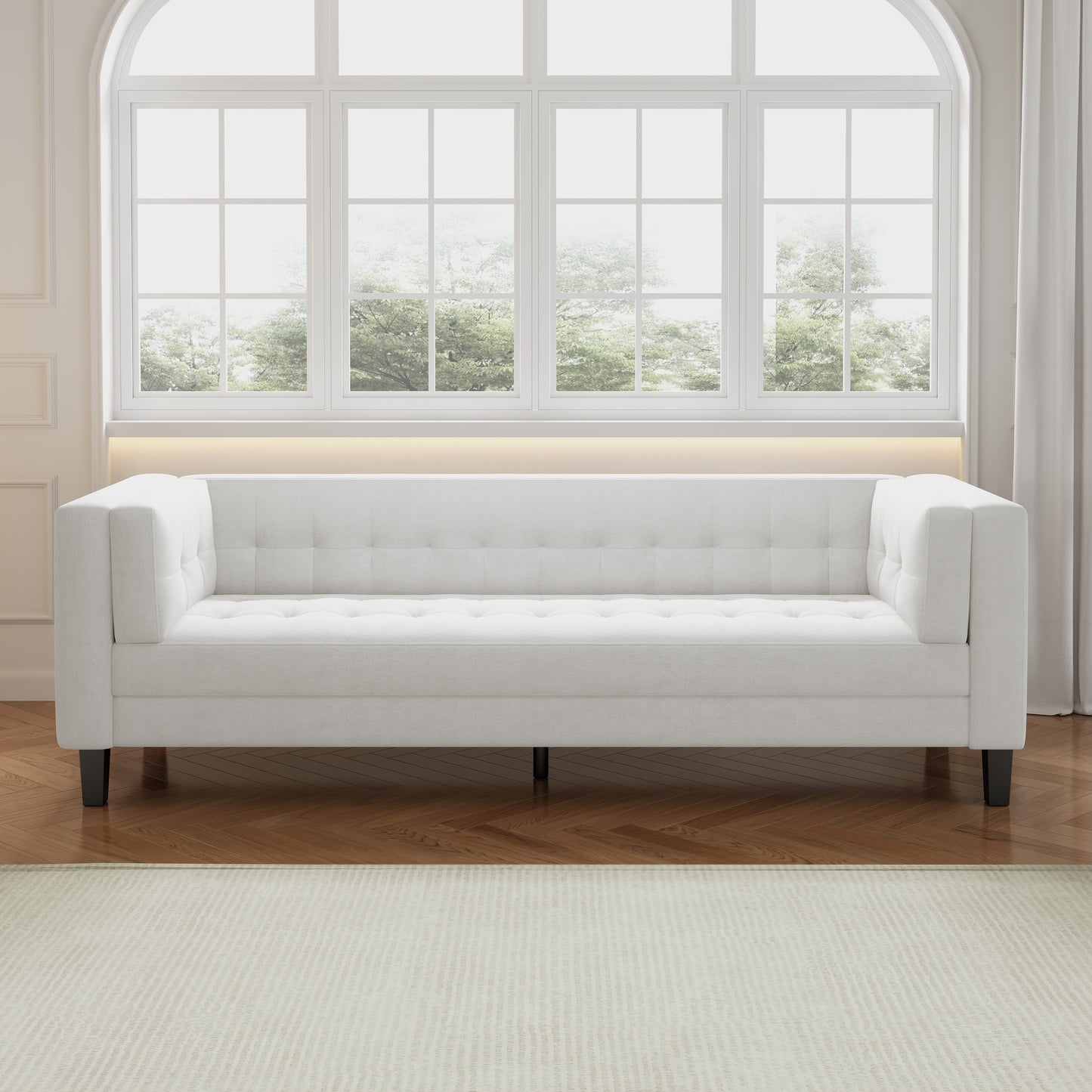 3-Seater Sofa, Upholstered Tufted Coach, Velvet Sofa, Ivory White