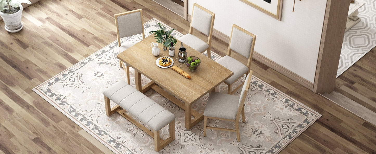 TREXM 6-Piece Retro Dining Set, 1 Rectangular Table with Designed Trestle Base and 4 Upholstered Chairs and 1 Bench for Dining Room and Kitchen (Natural)