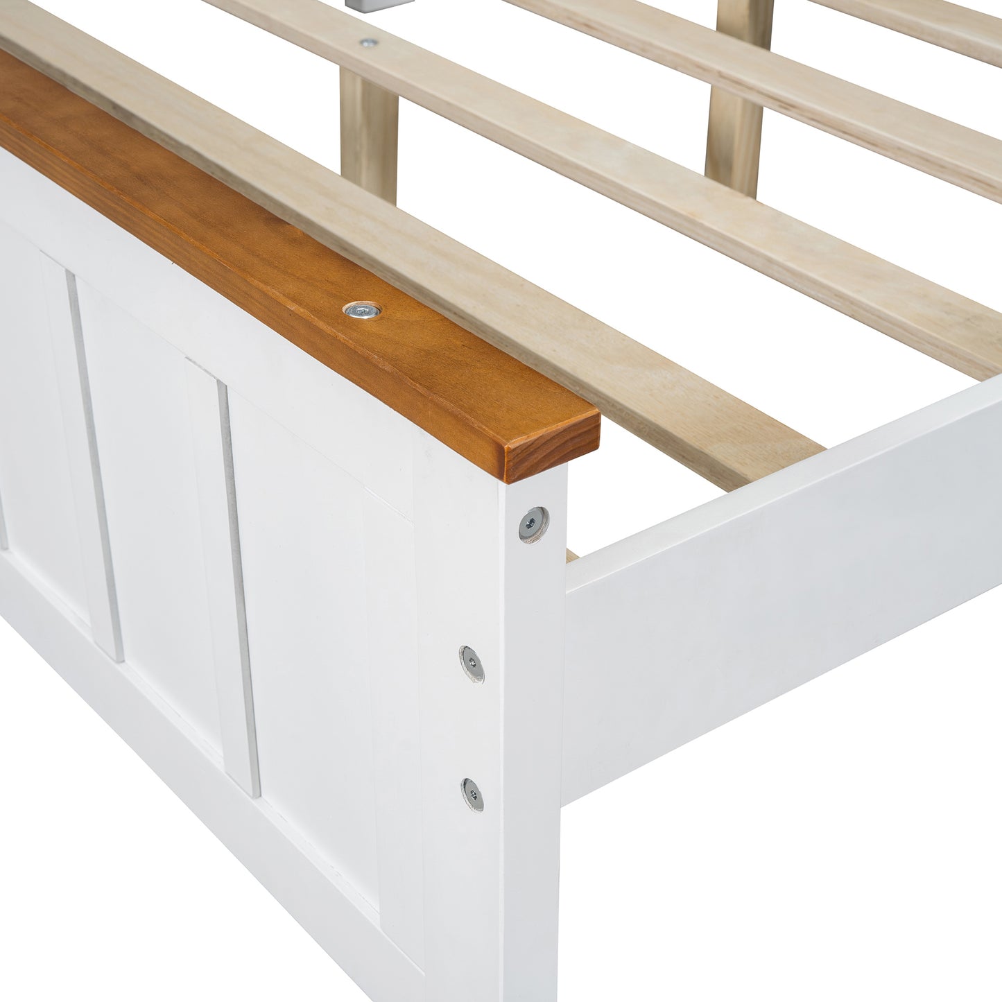 Queen Size Wood Platform Bed Wooden Slat Support, Vintage Simple Bed Frame with Rectangular Headboard and Footboard, White