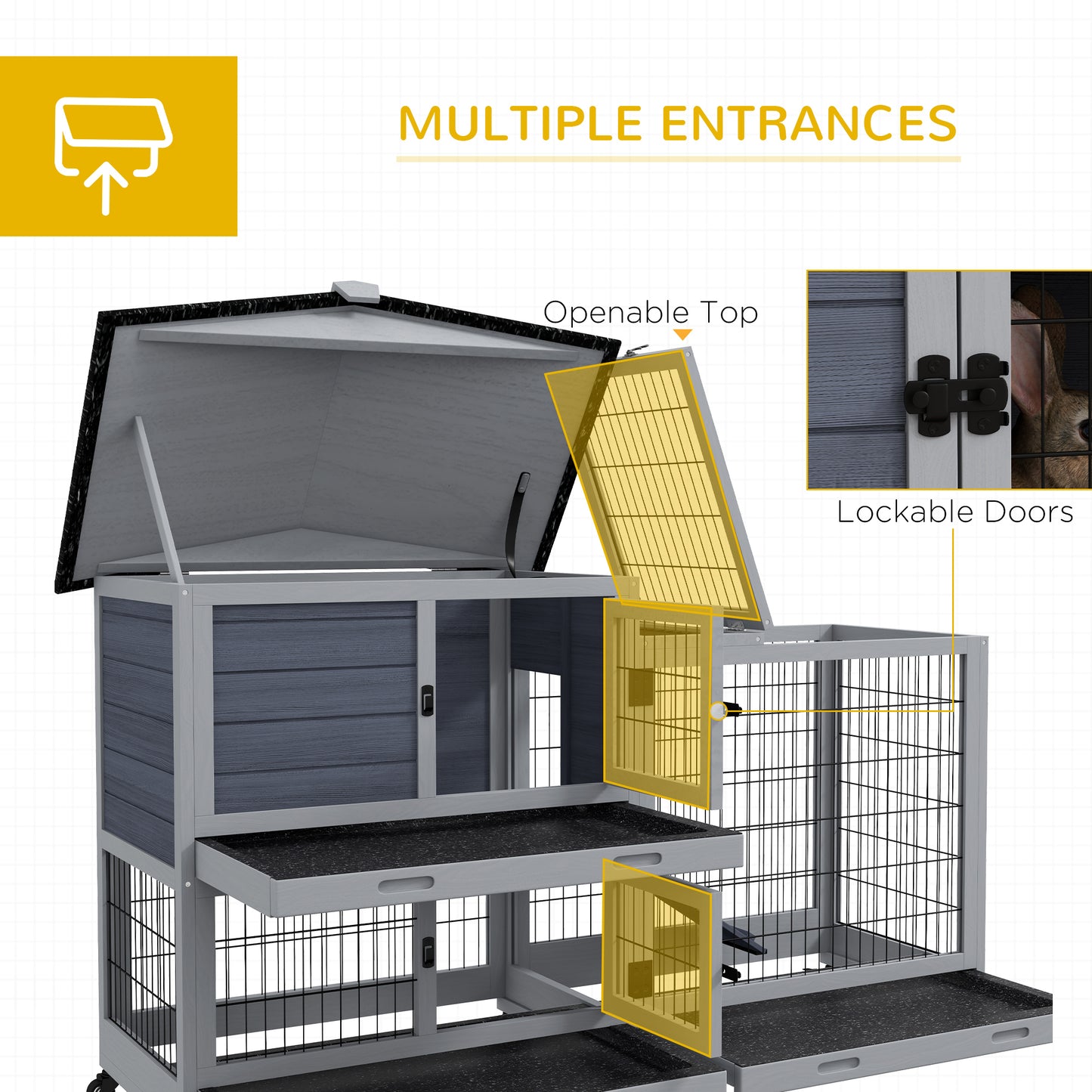 PawHut Rabbit Hutch 2-Story Bunny Cage Small Animal House with Slide Out Tray, Wheels, for Indoor Outdoor, 59.8" x 20.9" x 39.2", Gray