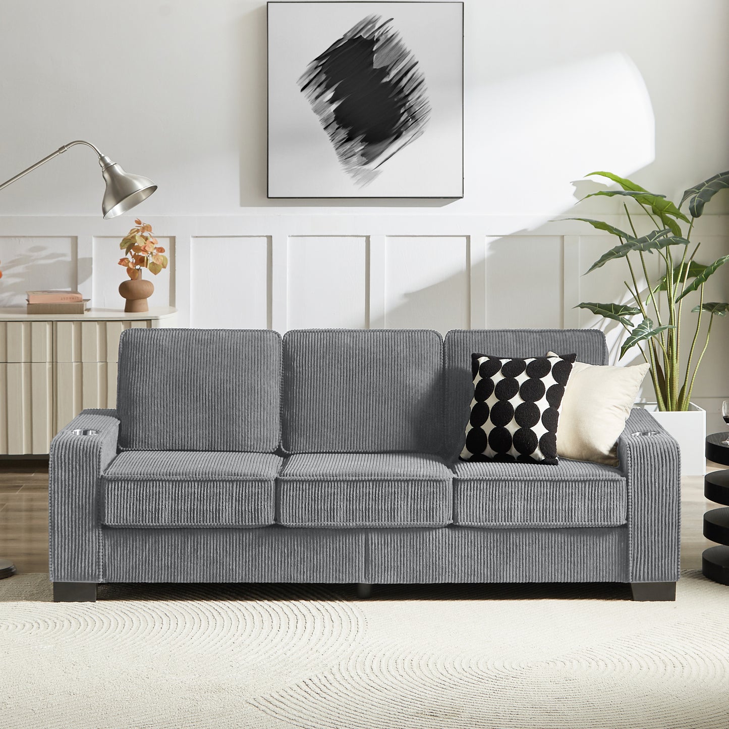 83.86"Corduroy Fabric sofa,Modern Compressed Couch,3-Seater Sofa, Furniture for Living Room,Bedroom,office ,Gray