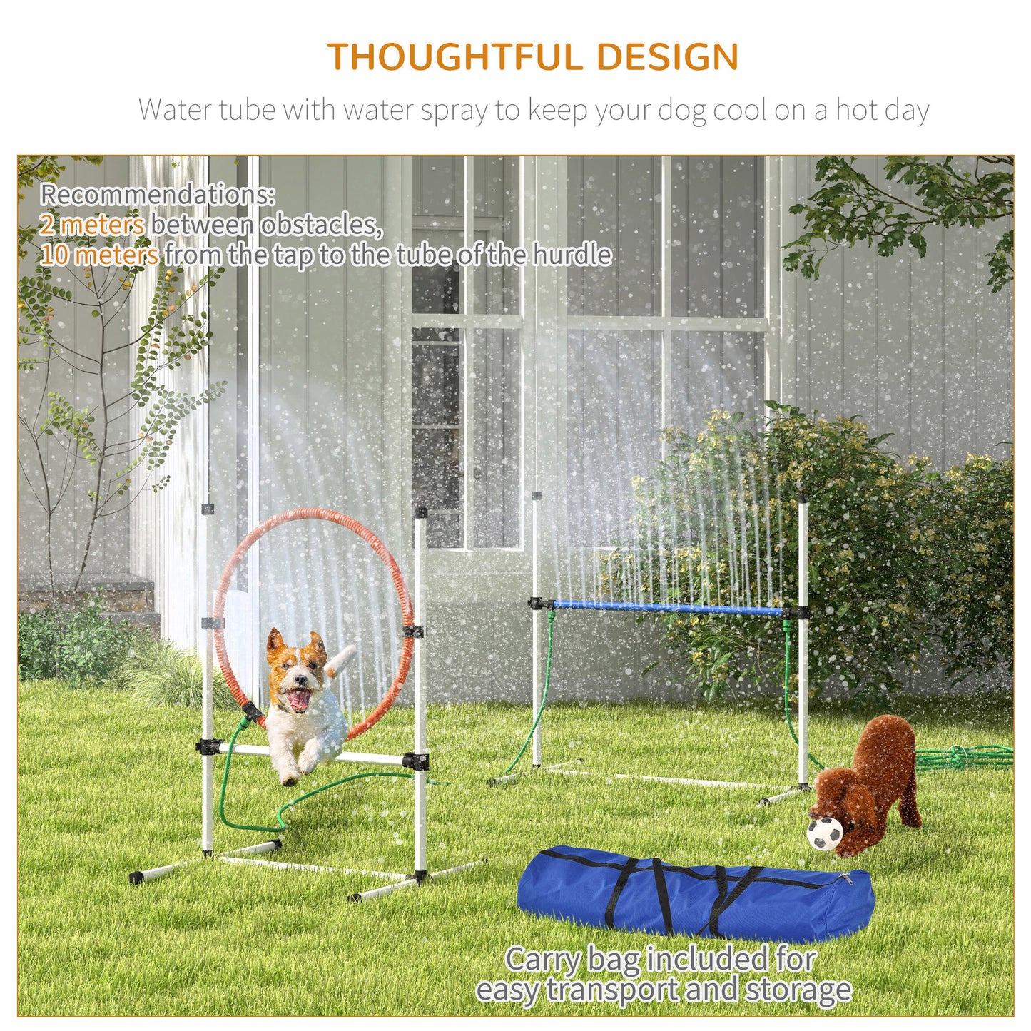 PawHut 3 Piece Dog Agility Training Equipment Set, Dog Obstacle Course with Adjustable Height Jumping Ring and Hurdle, Spray Water Tube, Carry Bag, Whistle, White
