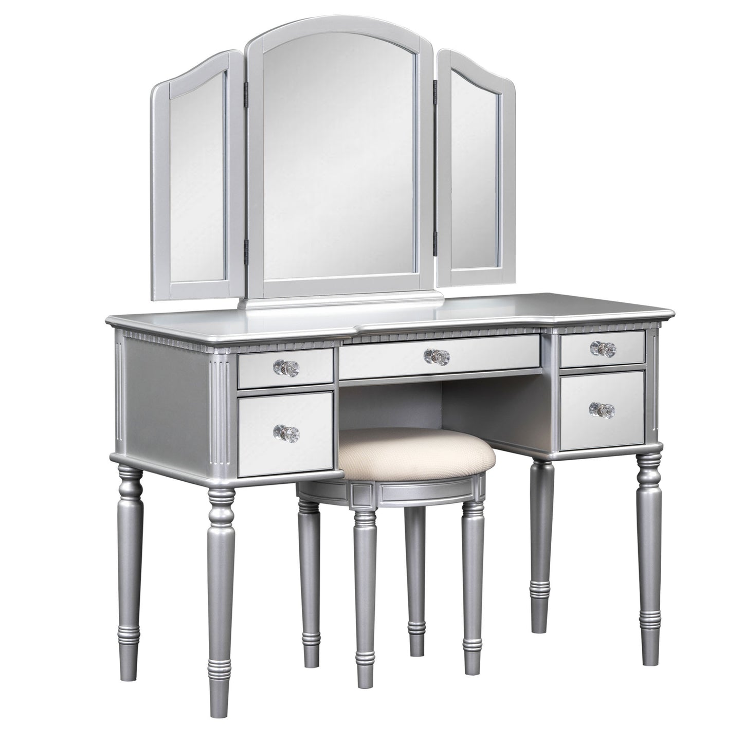 GO 43" Dressing Table Set with Mirrored Drawers and Stool, Tri-fold Mirror, Makeup Vanity Set for Bedroom, Silver