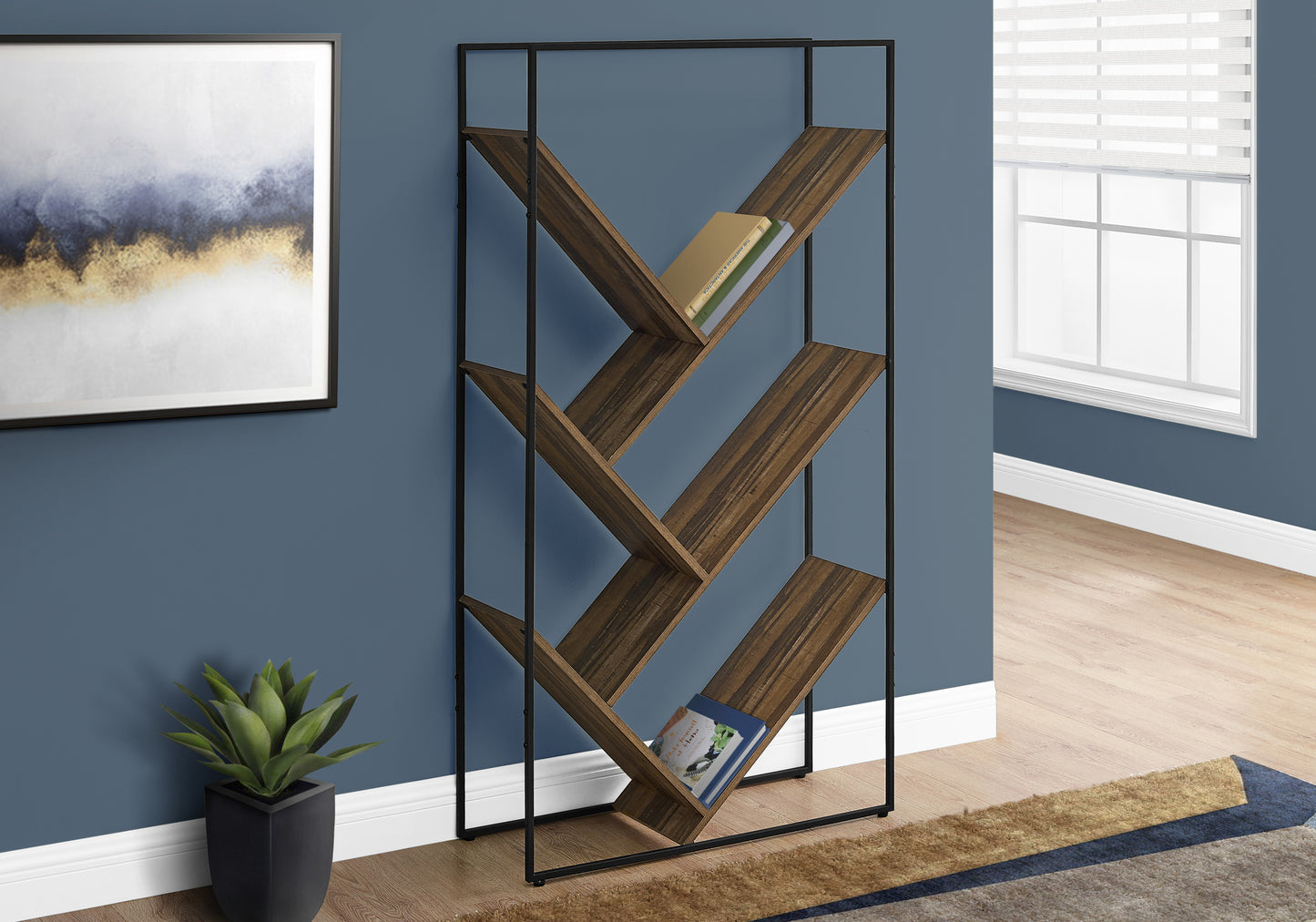 Bookshelf, Bookcase, Etagere, 3 Tier, 60"h, Office, Bedroom, Black Laminate, Black Metal, Contemporary, Modern