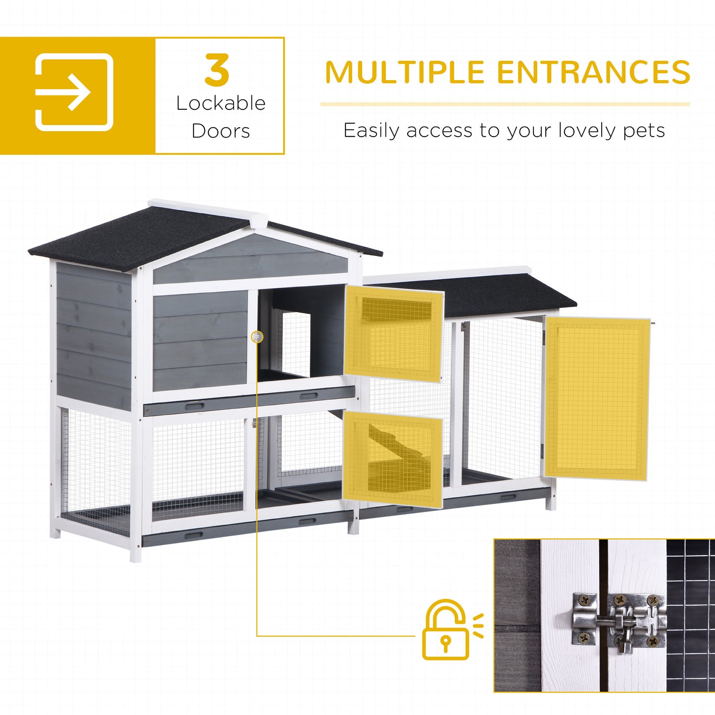 PawHut 62" Rabbit Hutch, Wooden Bunny Hutch, Guinea Pig Cage, Small Animal Enclosure with Run Area, Removable Tray, Asphalt Roof, Lockable Doors and Ramp, Gray