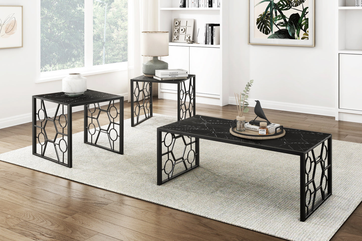 Modern 3-piece Occasional Table Set Black Cocktail Table End Tables Marble-Print Tempered Glass Top