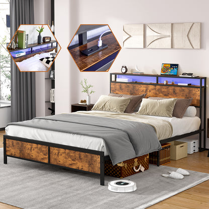 Industrial Full Bed Frame with LED Lights and 2 USB Ports, Bed Frame Full Size with Storage, Noise Free, No Box Spring Needed, Rustic Brown