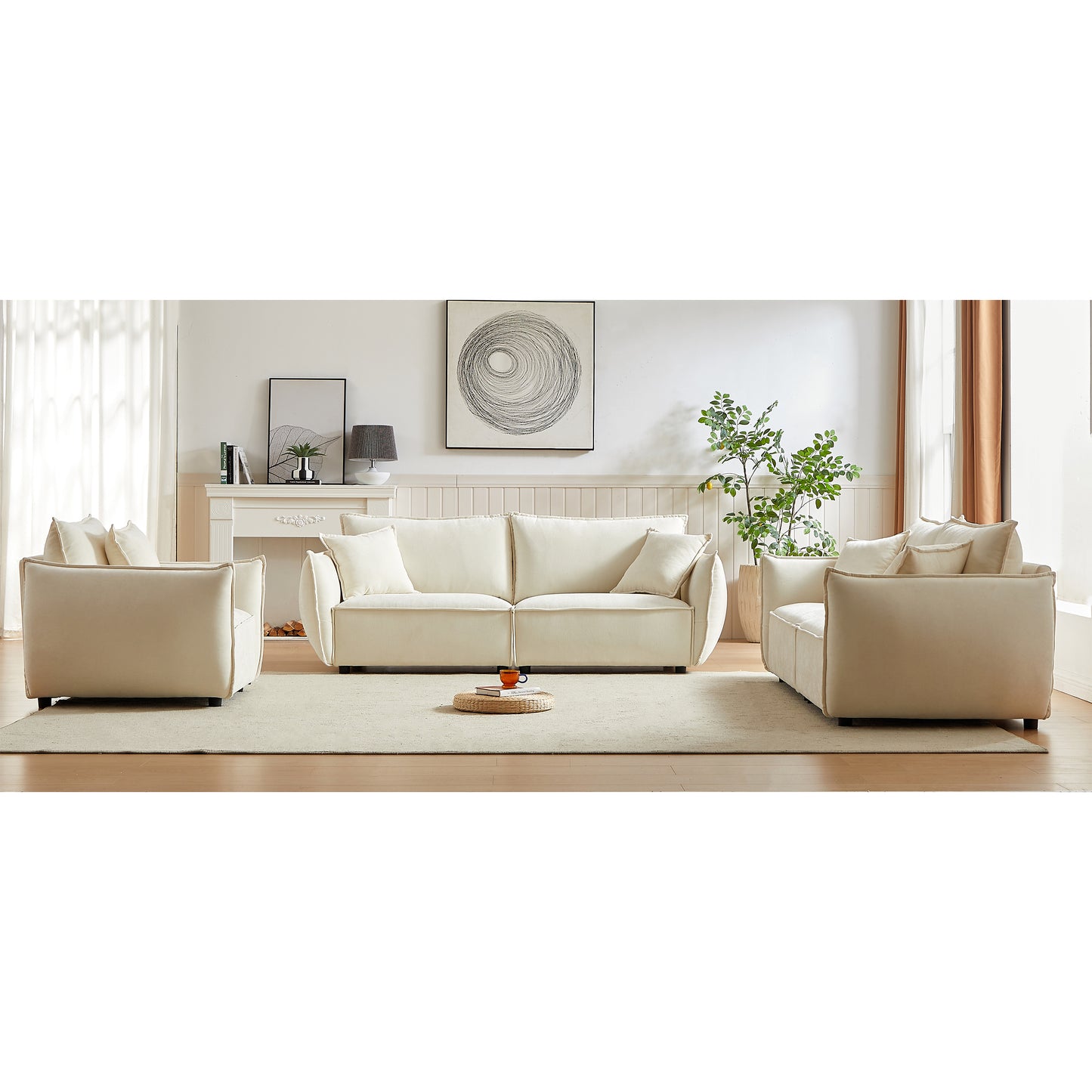 3-Seater + 3-Seater + 1-Seater Combo Sofa Modern Living Room Sofa, Linen Fabric Sofa, Wooden Frame with 5 Pillows, Apartment Sofa Furniture