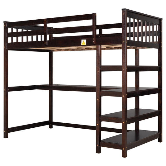 Espresso Twin Size Loft Bed with Storage Shelves and Under-bed Desk, Solid Pine Wood and MDF, 79.7''L x 42''W x 68.3''H