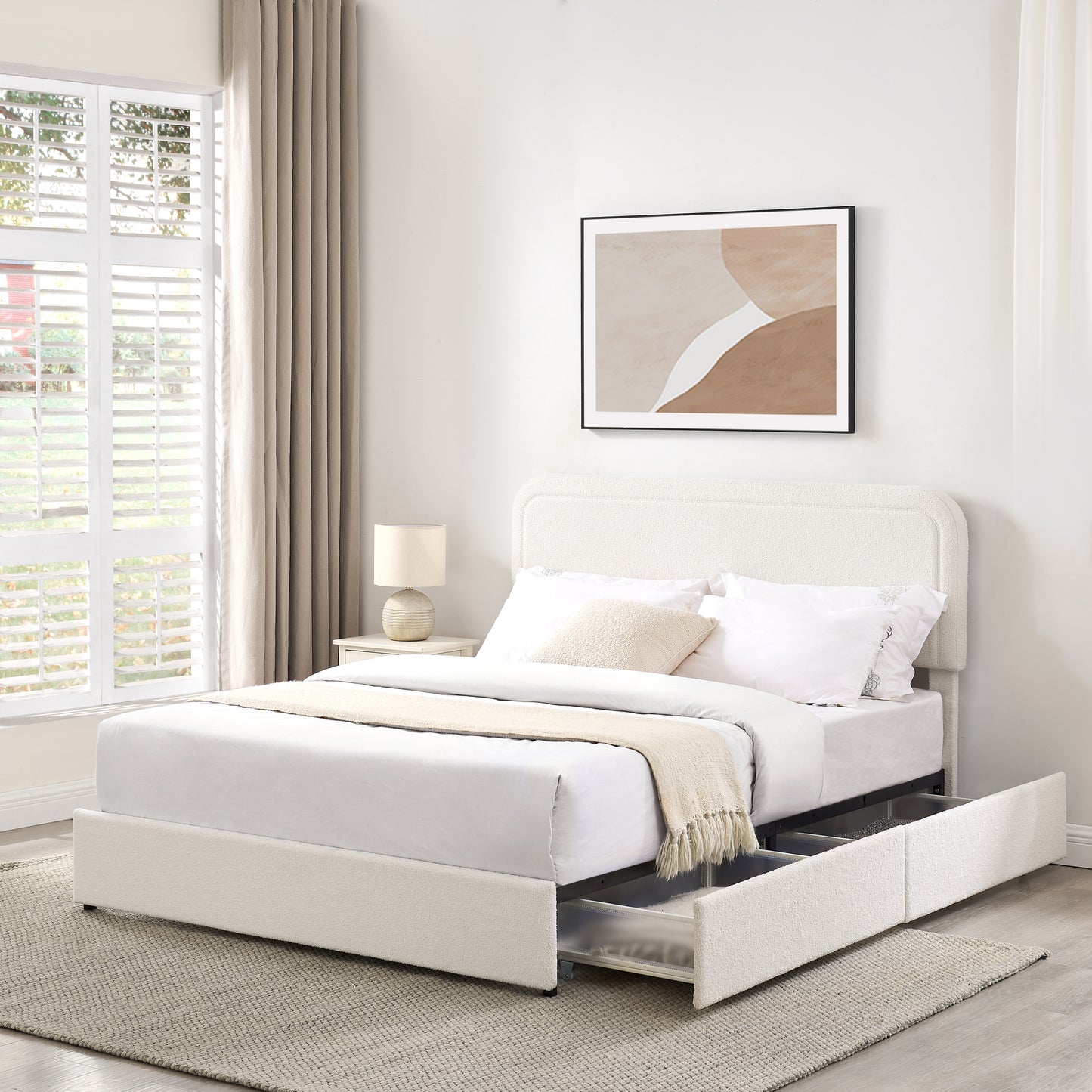 Liv Patented 2-Drawers Storage Bed Queen Size Ivory Boucle Upholstered Platform Bed, Curved Stitched Tufted Headboard, Wooden Slat Mattress Support, No Box Spring Needed