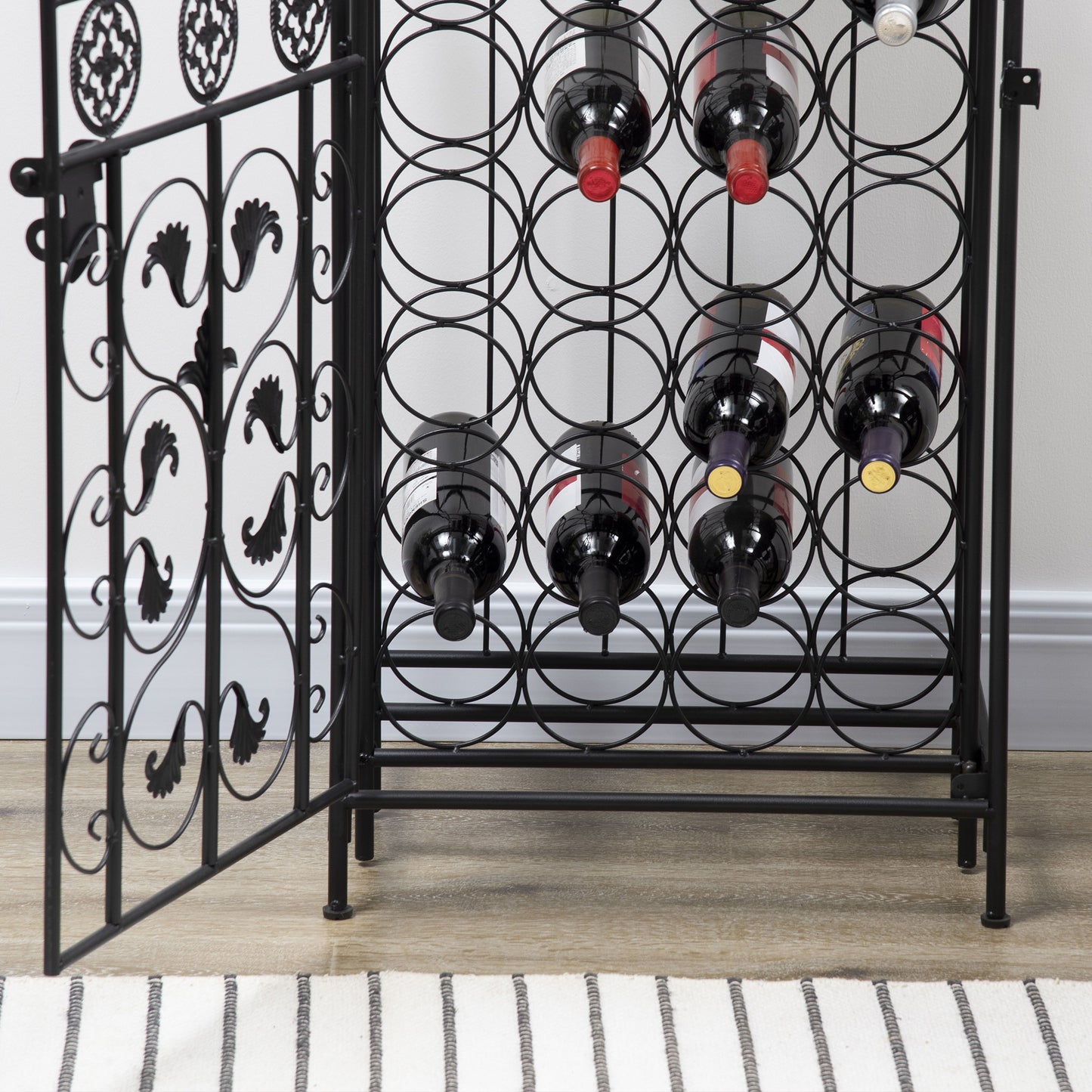 HOMCOM 45 Bottle Wrought Iron Wine Rack Jail with Lock - Black