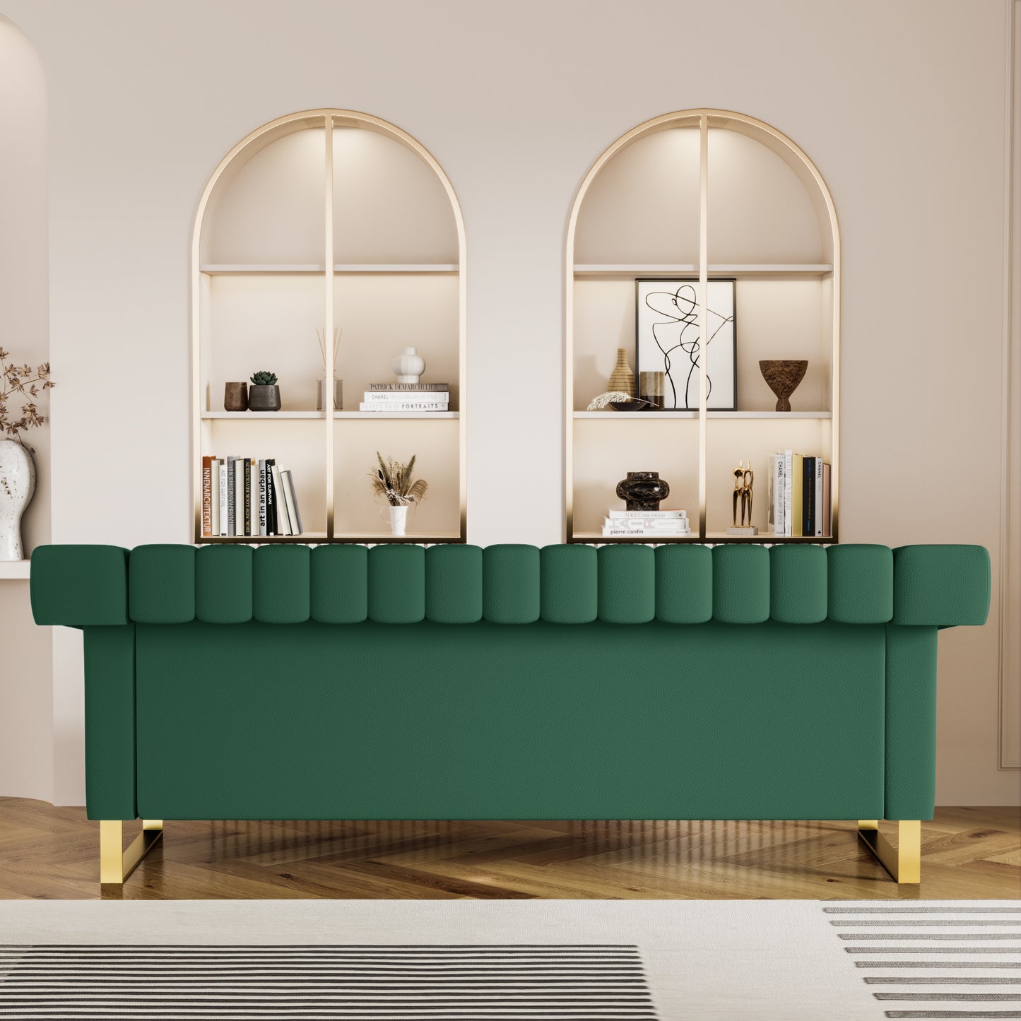 FX-P81PU-GR SOFA  Modern Green PU  Sofa with Gold Accents - Sleek Channel-Tufted Upholstery, 3-Seat Couch for Living Room and Office Decor(TEMU Suitable)