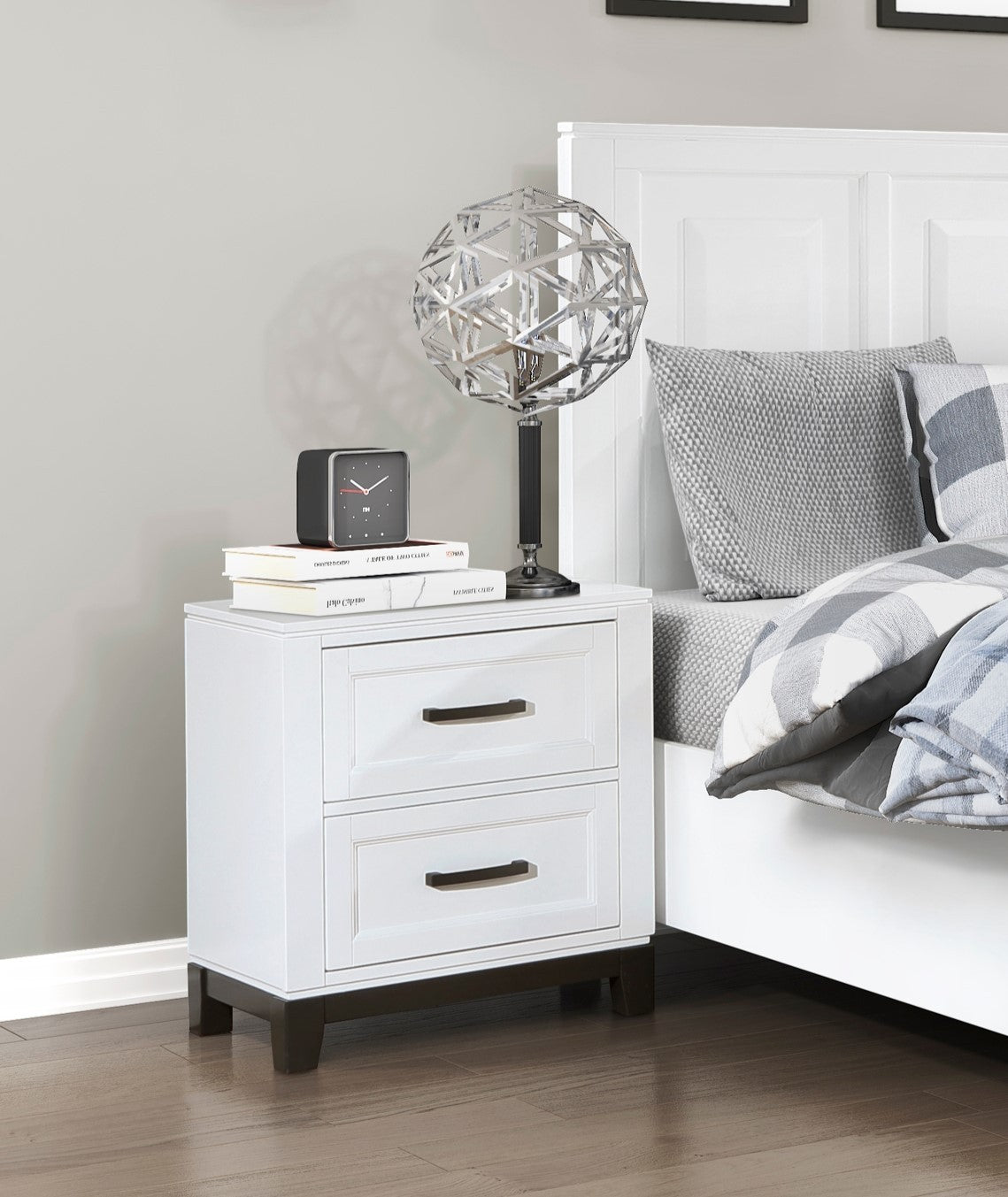 White Finish Nightstand with 2x Storage Drawers Wooden Bedroom Furniture 1pc
