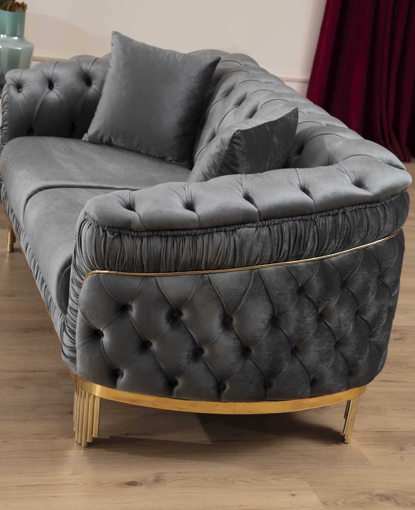 2 PC Livingroom Set in Grey and Gold with Fabric button-tufted velvet upholstery Finish