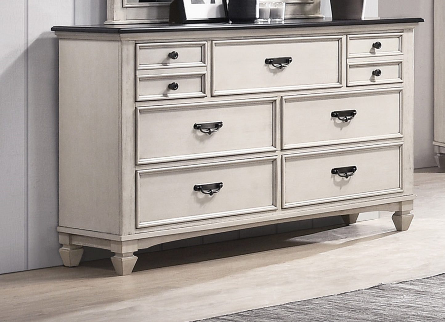 Beautiful Farmhouse Two-Tone Finish 1Pc Dresser Storage Drawers Bedroom Furniture Black Nickel Hardware