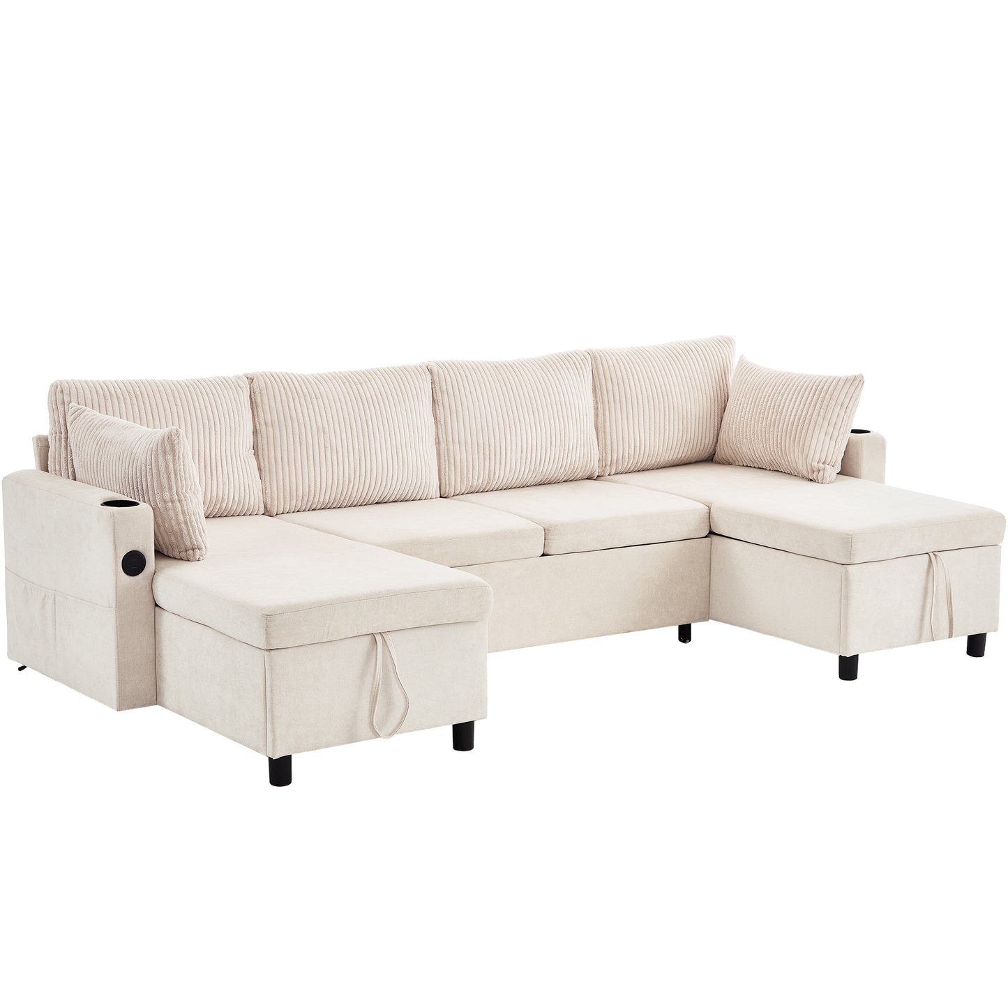 Versatile 111.8' Sectional Sofa Pull-out Bed with Storage, USB Ports, and Cup Holders, Beige Corduroy and Chenille