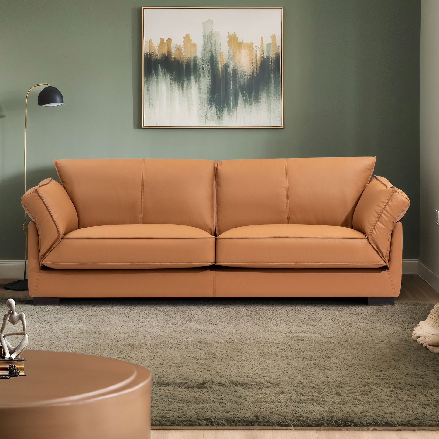 89.76 Inch Top Genuine Leather Sofa, 3 Seater Leather Couch, Mid-Century Modern Couch for Living Room Bedroom Apartment Office, Tan