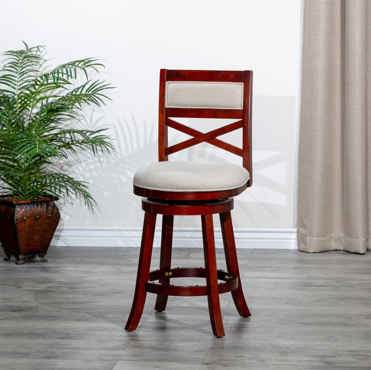 24" Counter Height X-Back Swivel Stool, Cherry Finish, Beige Fabric Seat