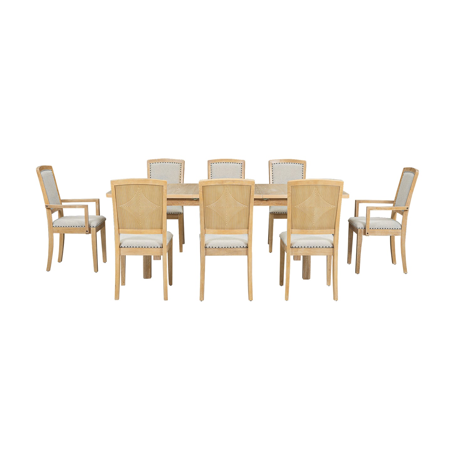 TOPMAX Rustic Extendable 84inch Dining Table Set with 24inch Removable Leaf , 6 Upholstered Armless Dining Chairs and 2 Padded Arm Chairs, 9 Pieces, Natural