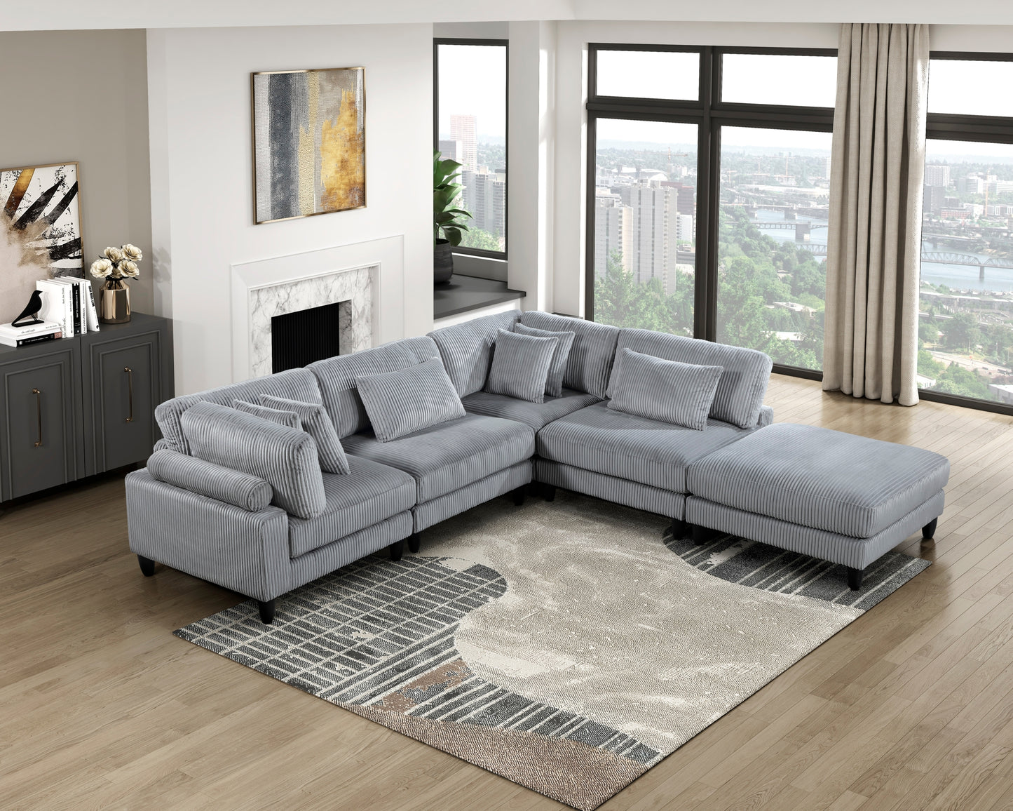 5pc Modular Sectional Set Gray Corduroy Upholstery 2x Armless Chairs 2x Corner Seats 1x Ottoman Pillows Living Room Furniture
