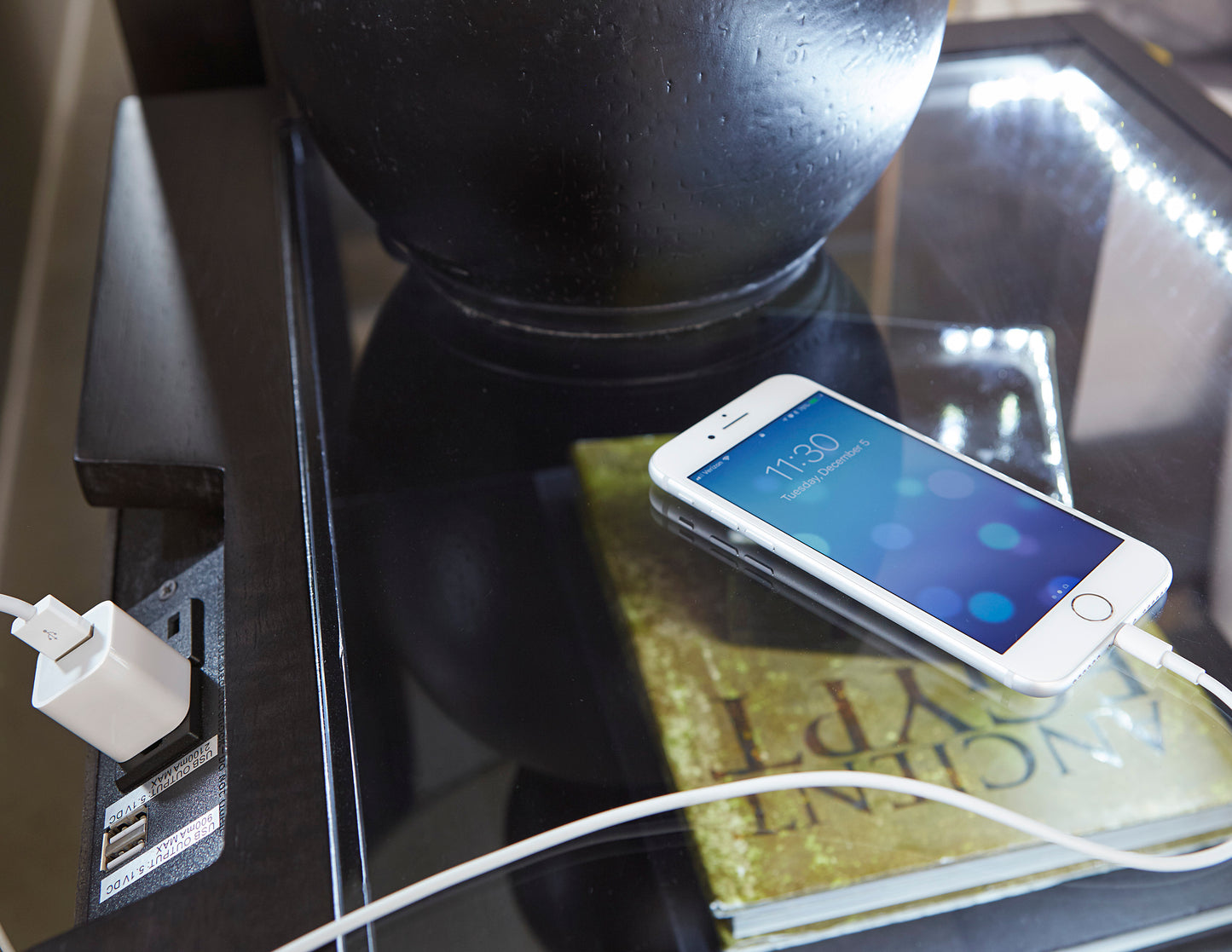 Modern Bedroom Furniture 1pc Nightstand of 2x Drawers LED Light Storage Cubby USB Ports Power Outlets Charcoal Finish Glass Insert Top Stylish Bed-Side Table