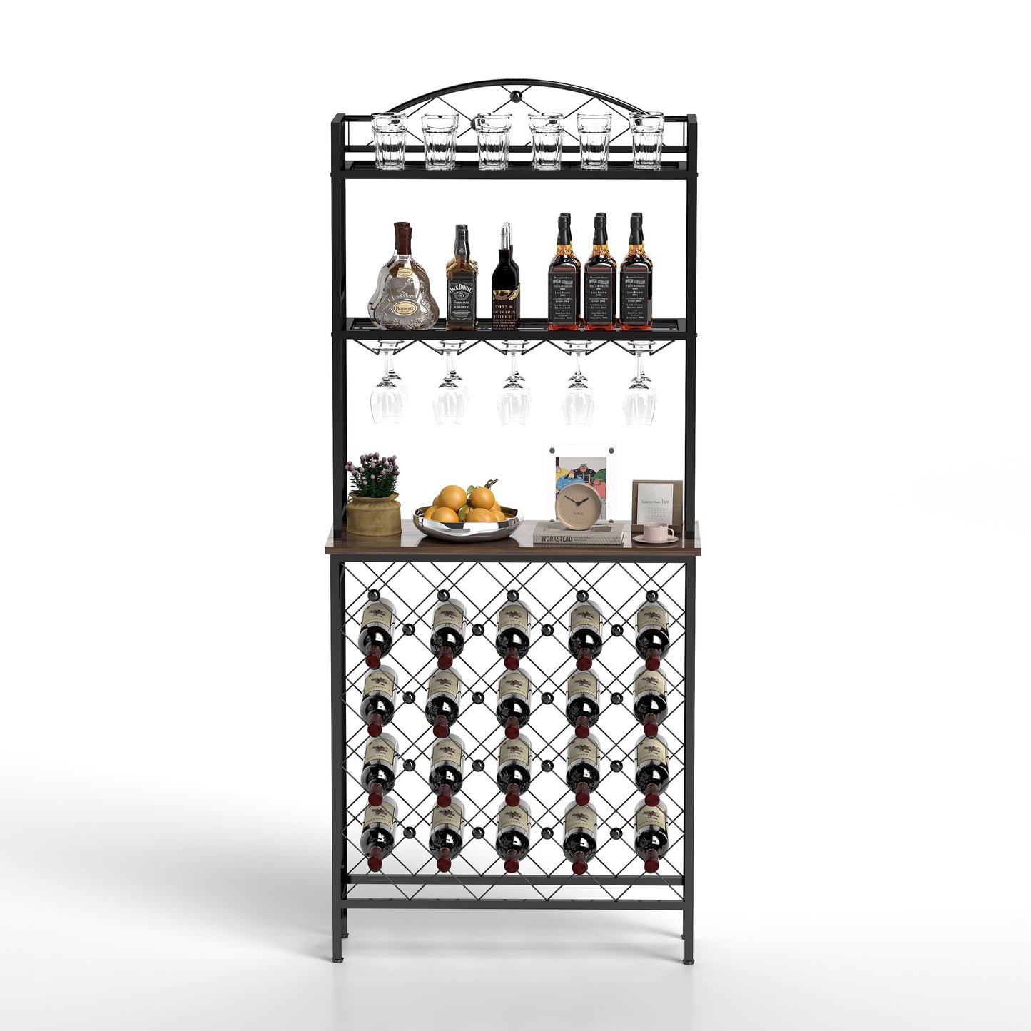 Industrial Wine Rack Bar Table, 3-Tier Liquor Bottle and Glass Holder with Storage Shelves, Metal and Wood Wine Organizer for Home Kitchen, Dining Room, and Living Room