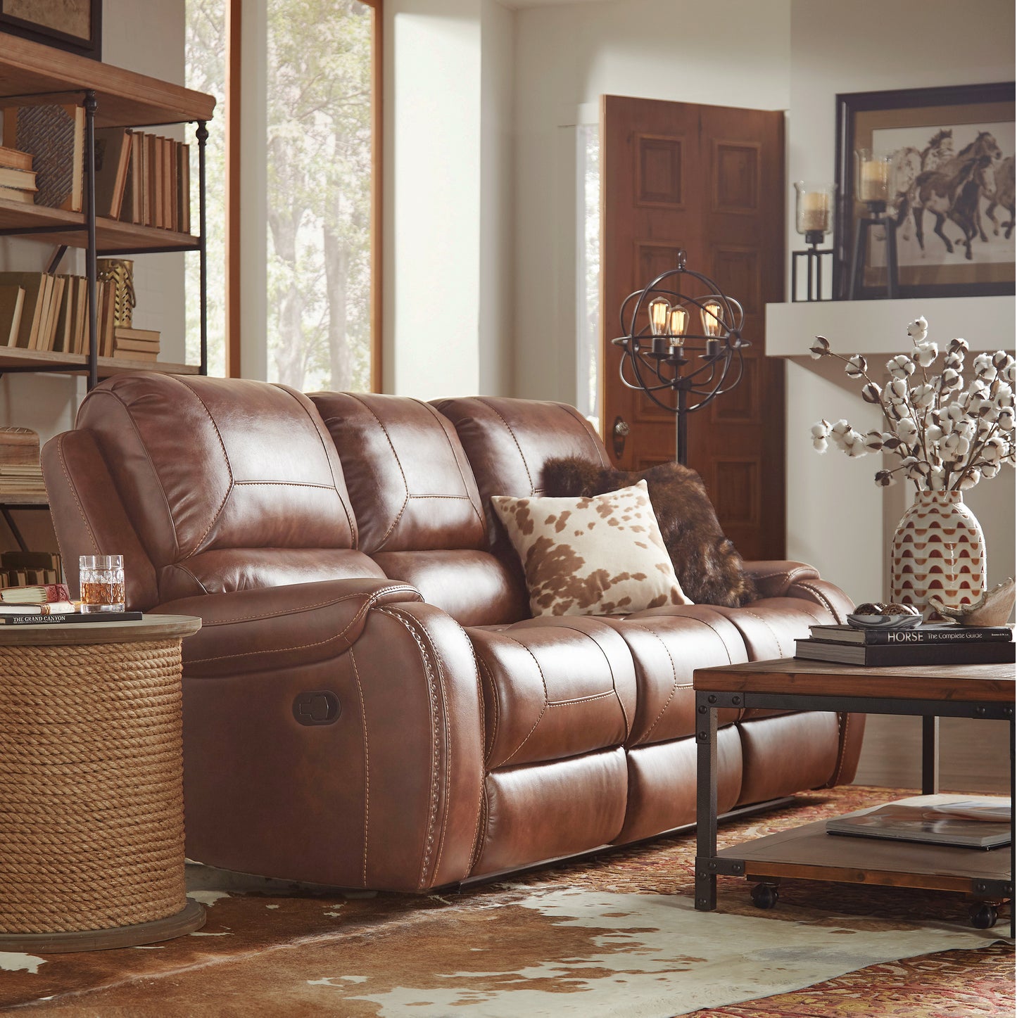 Achern Brown Leather-Air Nailhead Manual Reclining Sofa with Storage Console and USB Port