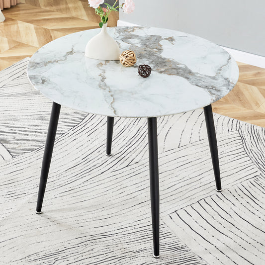 A modern minimalist circular dining table with a diameter of 40 inches, a 0.3 inch thick imitation marble pattern tabletop and black metal legs  40 '* 40' * 30 'DT-1164