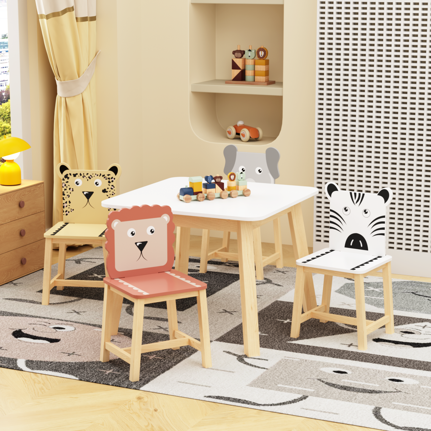 5 Piece Kiddy Table and Chair Set , Kids Wood Table with 4 Chairs Set Cartoon Animals (bigger table) (3-8 years old)