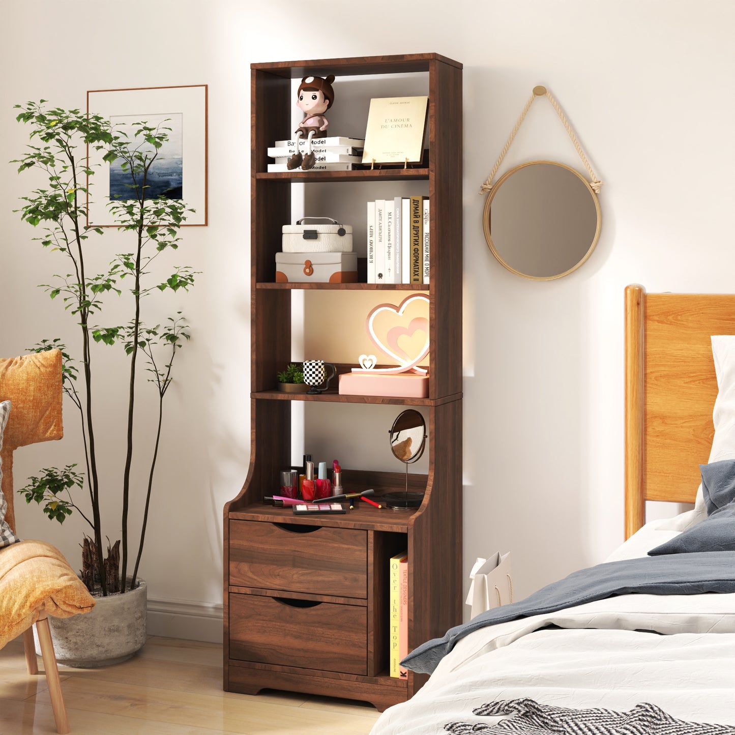Night Stand with Bookshelf, Night Stand with 2 Storage Drawers for Bedroom