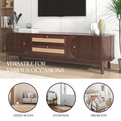 Rattan TV Stand for TVs up to 75'', Modern Farmhouse Media Console, Entertainment Center with Solid Wood Legs, TV Cabinet for Living Room,Home Theatre