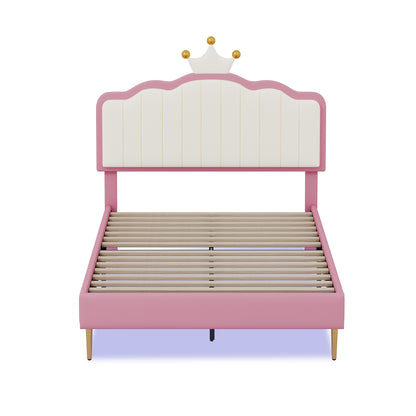 Twin size Upholstered Princess Bed With Crown Headboard, Platform Bed with  with Light Strips,Golden Metal Legs, White+Pink