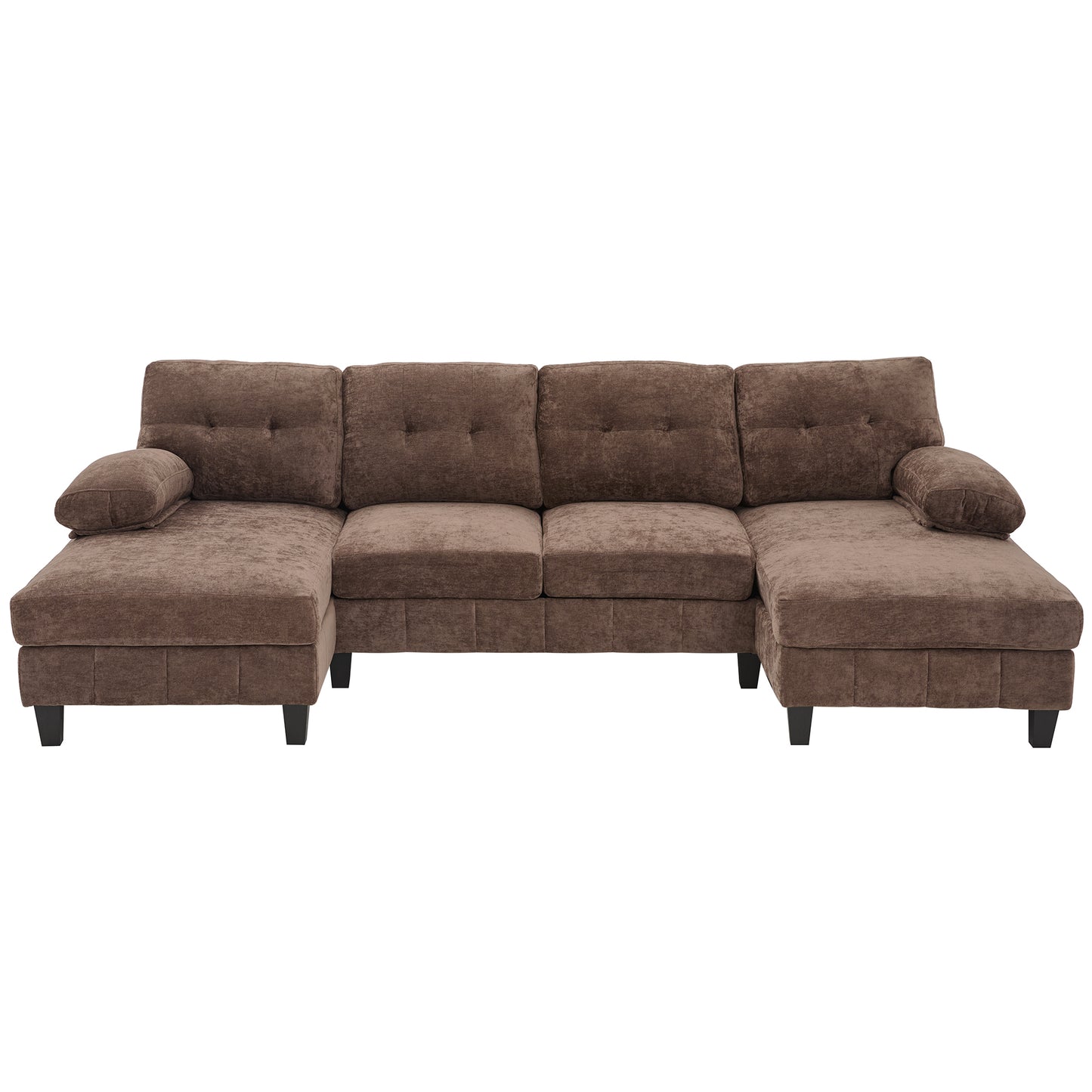 Modern U-Shaped Sectional Sofa with Dual Chaise Lounges, Storage Pockets, and Armrest Pillows in Brown Chenille Fabric, 103.5'